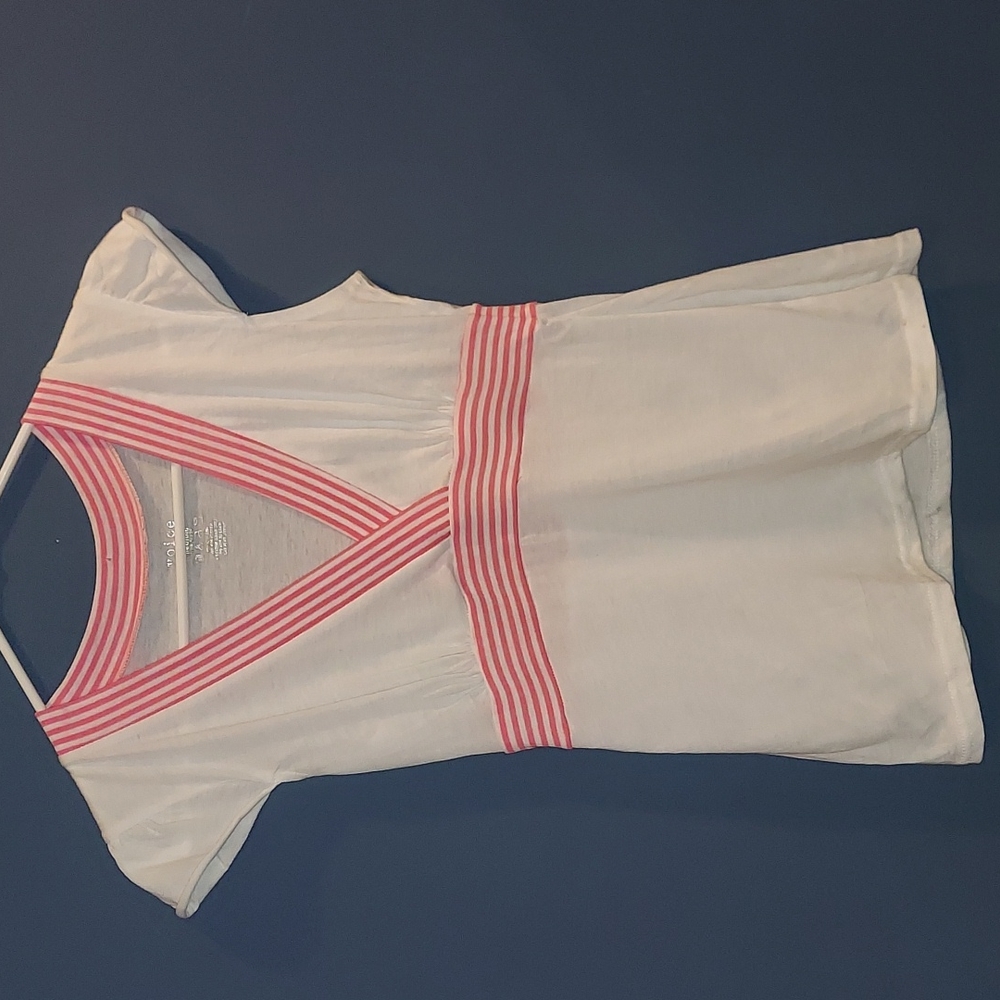 White‎ cap sleeve v-neck top pink stripes Medium
